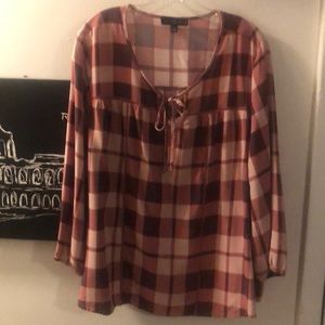 Fred David Burgundy and Pink Plaid Top with Tie at Center and 3/4 Sleeves